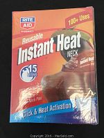 Front view of boxed Rite Aid reusable instant heat neck pads showing product branding, usage info, and quantity 47.