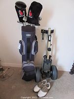 Full view of the golf clubs with head covers inserted inside a gray golf bag and golf caddie beside it along with women's golf shoes on carpet.