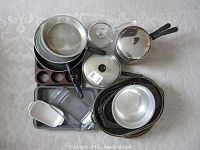 Top-down view of stacked pots, pans, muffin tins, and baking trays showing variety and sizes.