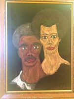 Framed original painting on black velvet depicting two individuals, featuring detailed facial features and distinct hairstyles, signed in the lower corner.