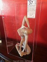 The stone figurine inside the clear plexiglass display case against a red background, showing full height and enclosure.