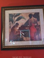 Full view of the framed cabaret club print featuring a man playing piano and a woman standing beside him.
