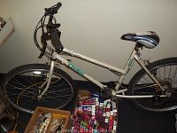Side view of beige Trek bicycle showing full frame with 26-inch wheels, handlebars, seat, and tires. Includes a view of tires, pedals, and gear system.