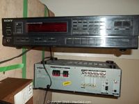 Front and rear views of Sony STR-AV450 receiver showing control buttons, display, and connectivity ports on rear.