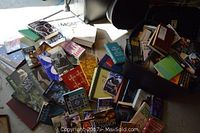 Overall view of a large assortment of books spread out, showing various genres and formats including novels and series books.