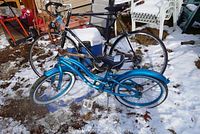 Photo showing General Journey adult bike in black with rust and finish loss, next to Raleigh kids blue bike in snowy outdoor setting.