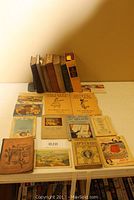 Photo showing all cookbooks and booklets on white table with beige wall background, featuring titles and wear on the items.