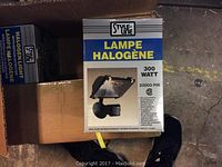 Box of Style Line 300 Watt Halogen Motion Lamp showing product details on front of box including model and wattage.