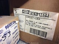 Label on box showing Hubbell 330M16W circuit lock technical specifications