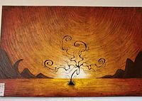 Full view of textured canvas painting showing tree at center, mountains and sunset background