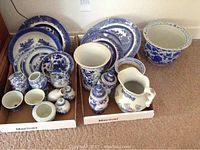 Wide view of all blue and white china pieces including plates, bowls, planter, jug, small lidded pots, salt and pepper shakers, teapot, and owl figurine arranged in boxes and next to boxes on carpet.