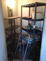 Photo showing plastic utility shelving and metal shelving units, two outdoor cushions, and small Christmas tree with red bead garland.