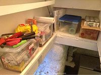 Overview of plastic totes filled with light bulbs, rolls of paper towels, box of canning jars, and miscellaneous small household items on shelving.