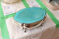 Closed turquoise enamel and sterling silver jewellery box showing scalloped lid and ball feet.