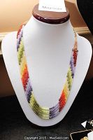 Front view of multi-strand bead necklace displayed on bust