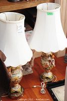 Pair of lamps with shades on wooden floor showing overall appearance