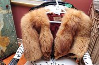 Front view of the reddish-brown fur shawl draped over a chair showing full collar and body fur detail.