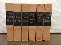 Photo showing the six-volume book set in upright position with faded tan spines and black title panels.