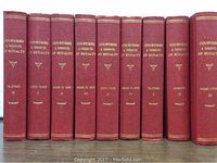 Nine volumes of the book set 'Courtiers and Favourites of Royalty' showing red simulated ostrich skin bindings with gold titles on spine.