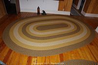 Full view of the large oval braided area rug on wood flooring showing overall pattern and shape.