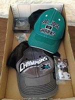 Photo of all items in the lot including two San Jose Sharks baseball caps (one grey mesh 2016 Conference Champions cap, one green team cap), a commemorative 2016 Stanley Cup Finals puck in display case, a matching pin, and several hockey trading cards.