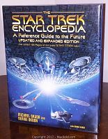 Front cover of The Star Trek Encyclopedia book showing title, subtitle, authors, and starship images.
