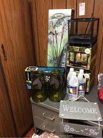 Overview of lot showing bio lanterns, solar cattail garden lights box, solar LED address plaque box, and cleaning items.