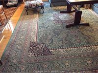 Green area rug under furniture in living room setting, showing overall pattern and wear