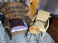 Three chairs together: large wicker armchair with some visible wear, metal stool with woven wicker seat, and beige faux wicker outdoor chair