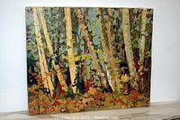 Full front view of the oil painting showing birch tree forest scene
