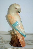 Front right view of alabaster parrot on stump base