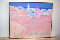 Framed full view of the painting showing coastal village scene