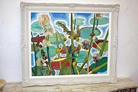 Full front view of oil on board painting in white decorative frame