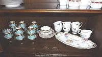 Photo of entire vintage demitasse coffee set with eight aqua glazed saucers, seven cups, and antique RS Prussia oblong tray with floral decoration and beaded rim.