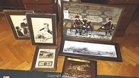 Overall group photo showing all framed items including horse racing scene, brass relief, Kennedy Mint $2 bill, and actor prints