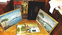 Six framed paintings arranged showing various landscape and portrait paintings referenced in the description