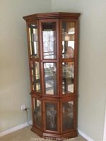 Full view of brown wood corner curio cabinet with glass front and sides