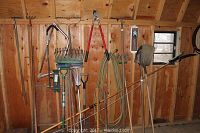 Wide shot of assorted yard tools hanging on wooden wall inside shed, including rakes, hoes, shovel, pickaxe, pruning shears and hose.