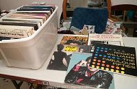 Photo showing the container of albums and several album covers on a table with visible titles