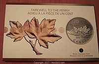 Front view of the original information card with 'Farewell to the Penny' title, maple leaf design, and the $20 silver coin image.