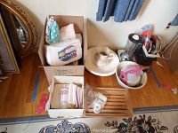 Full view of kitchen and pantry items including blender, bowls, napkins, ceramic planter, and wooden tray.