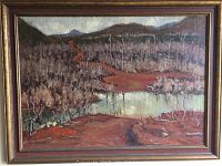 Full view of the framed landscape oil painting depicting a winding reddish-brown trail through a wooded landscape with hills and a body of water.