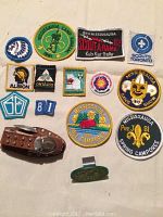Photo of 12 cloth Boy Scout badges with various logos and designs laid out flat