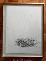 Full view of framed ink drawing artwork on paper showing bird nest and grass stems.