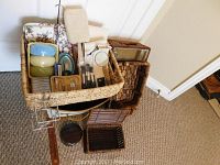 Overview of the baskets and beauty-related items arranged in and around the baskets, showing variety of products.