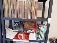 Two shelves of TIME LIFE Library of Art CDs, and several hardcover books including Thracian Art Treasures and Great Tapestries shown on the bottom shelf