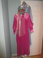 Photo shows two theatrical costumes hanging on a door: one in bright pink fabric with puffed sleeves and ribbons, the other in light blue with long sheer sleeves and necktie accessory. Both dresses appear full length.