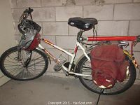 Full side view of the Raleigh 15 speed bike showing frame, saddle bags, seat, and helmets