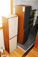 Four vintage speakers stacked in pairs near a fireplace; two lighter Paradigm speakers and two darker Dynaco speakers with one showing water damage.