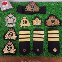 Photo of 10 military badges and rank epaulets laid out on green surface alongside a tape measure for scale